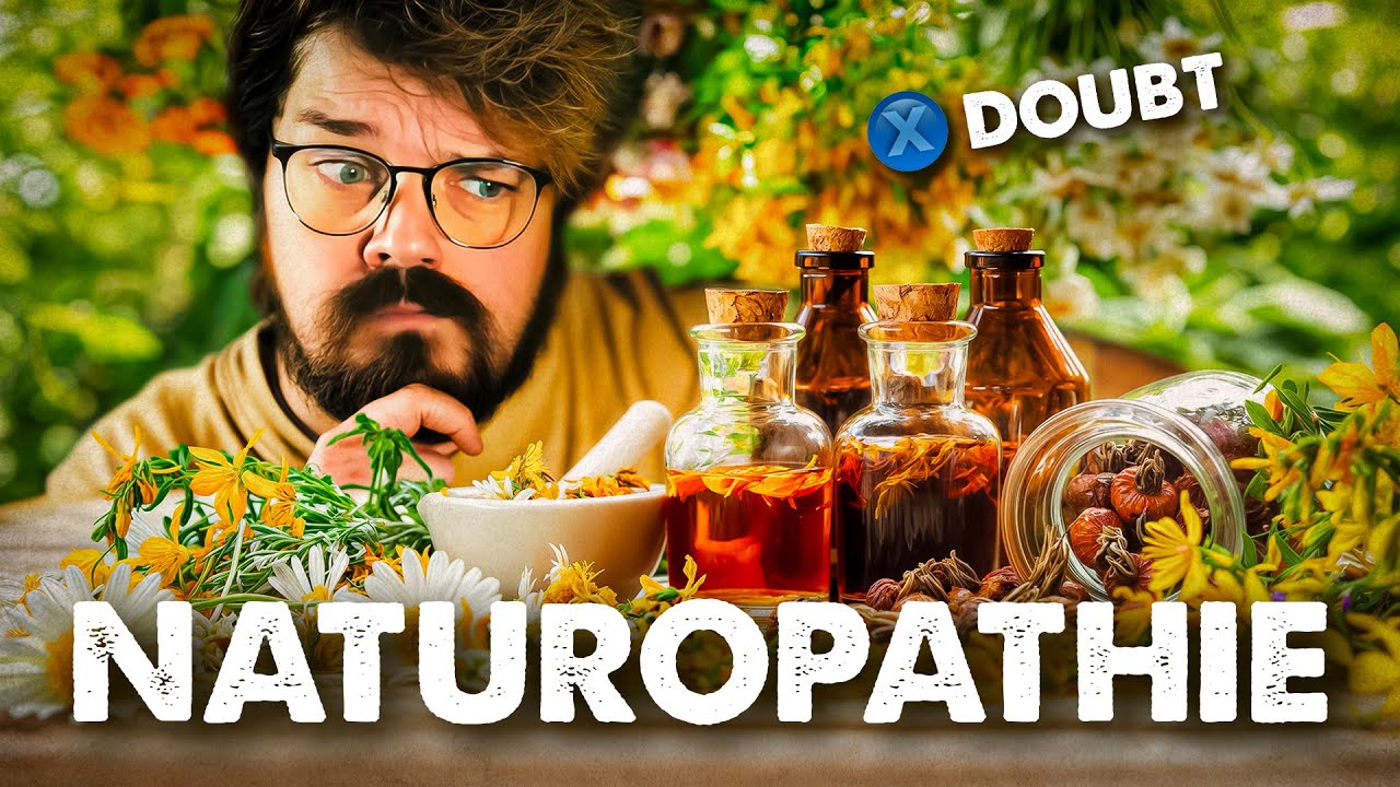 Vignette de la vidéo de Roro sur la naturopathie, avec son visage en mode dubitatif derrière une table couverte de préparations, flacons et plantes en tout genre.