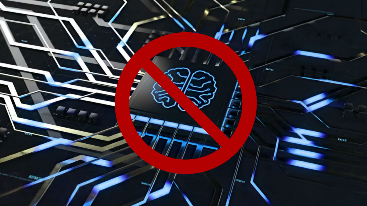 Image d'une circuit électronique schématisé avec une puce au centre sur laquelle est dessinée un cerveau lumineux, avec dessus un rond rouge barré.